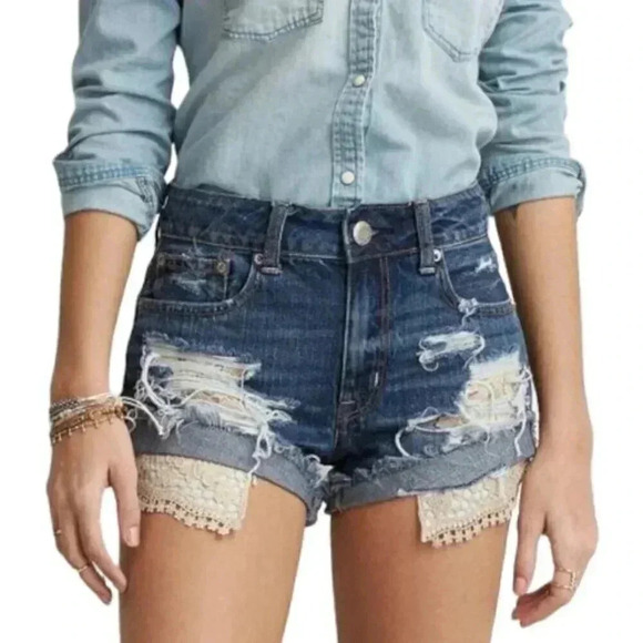 American Eagle Festival High Rise Jean  Shorts Embroidery Distressed Size 2 - Picture 1 of 13